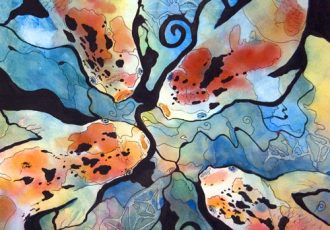 “Koi” Watercolor, Gouache and Ink, 15” x 15” by artist Pattie Brooks Anderson. See her portfolio by visiting www.ArtsyShark.com