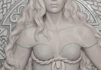 “Bhride” Detail of Celtic Goddess, Cast stone (Aqua-resin, Hydro-stone) and Stainless steel, 70” x 50” x 7” b artist Denisa Prochazka. See her portfolio by visiting www.ArtsyShark.com