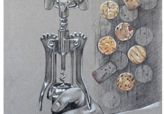 “Corks & Cab” Charcoal and Colored Pencil on Paper, 13" x 19" by artist Joan Chamberlain. See her portfolio by visiting www.ArtsyShark.com