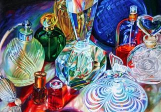 Crystal #4, Tou Jours Moi, color pencil on mat board, 20” x 24” – perfume bottlesby artist Carol Scott. See her portfolio by visiting www.ArtsyShark.com