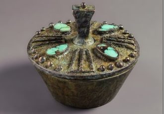 Antique Green Bowl, bronze with four turquoise stones, 5 1/2”H x 4 3/4” W by artist Jim Harman. See his feature at www.ArtsyShark.com