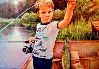 "Zach's Big Catch" Prismacolor pencils, 12" x 16" by artist Patricia Mitchell. See her artist feature at www.ArtsyShark.com