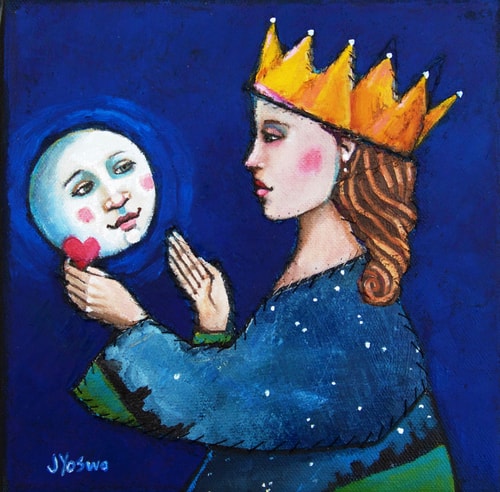 "Moon Love" Oil, Cold Wax and Stitching on Canvas, 8" x 8" by artist Jennifer Yoswa. See her portfolio by visting www.ArtsyShark.com
