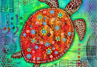 “Mosaic Turtle” Acrylic and Mixed Media with Found Jewelry on Nested Board, 12” x 12” by artist Christine Kerrick. See her portfolio by visiting www.ArtsyShark.com