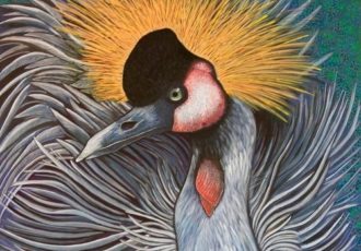 "Grey Crowned Crane" Acrylic on Canvas, 24" x 24" by artist Vikki Jackson. See her portfolio by visiting www.ArtsyShark.com