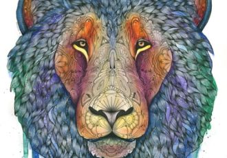 "Cosmic Lion" Watercolor and Pen and Ink on Watercolor Paper, 18" x 24" by artist Haylee McFarland. See her portfolio by visiting www.ArtsyShark.com