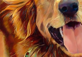 "Bounce" Acrylic painting of a close up view of a running Golden Retriever by Carolyn Ritter