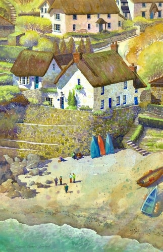 “Cadgwith Cove, Cornwall, England” English beach town, watercolor by Mark Bird