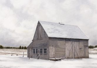 Oil painting of a barn in winter by Ken Bachman