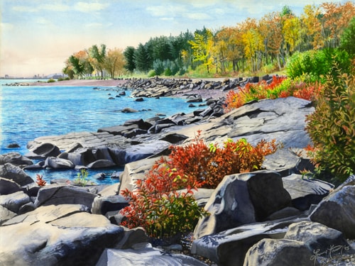 Watercolor painting of a rocky shore by Leanne Hanson