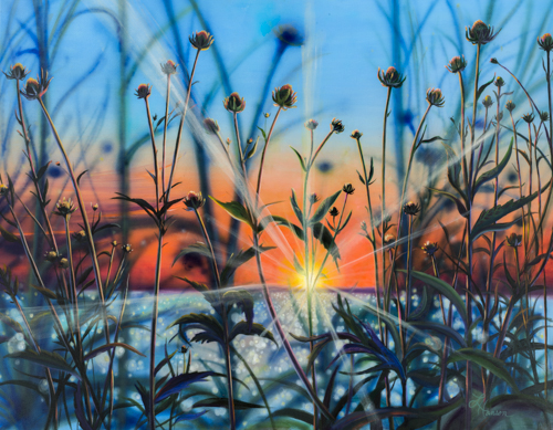 Oil painting of a sunset over the water by Leanne Hanson