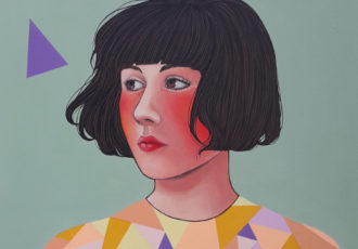 Stylized portrait of a black haired woman with rosy cheeks by Irene Raspollini