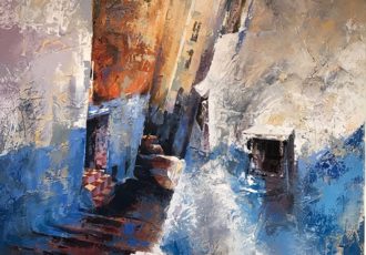 Abstract painting of steps in a village by Stephanie Aarons