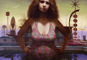 Oil painting of a woman in a pool in front of an amusement park by Richard Pantell