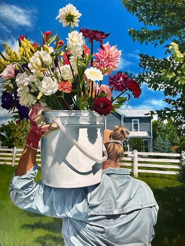 Oil painting of a woman carrying a bucket of flowers