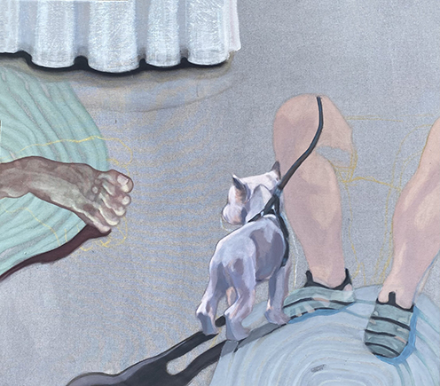 narrative painting of people and a dog by Tina Birch Chimenti