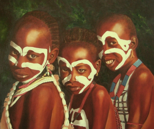 oil painting of three young African boys