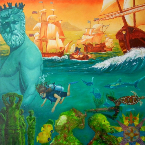 oil painting of ocean theme, undersea and ships