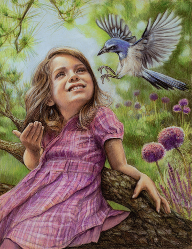 colored pencil drawing of a young girl and a bird