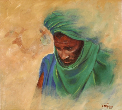 oil painting of an African man in the desert