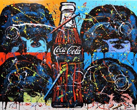 painting with images of The Beatles and Coca Cola