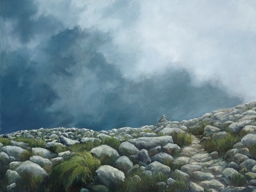 oil painting atmospheric landscape over rocks