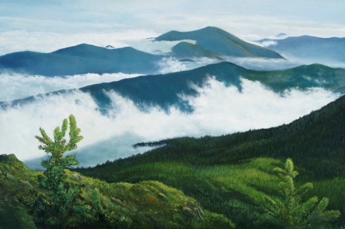 oil painting low clouds over a landscape