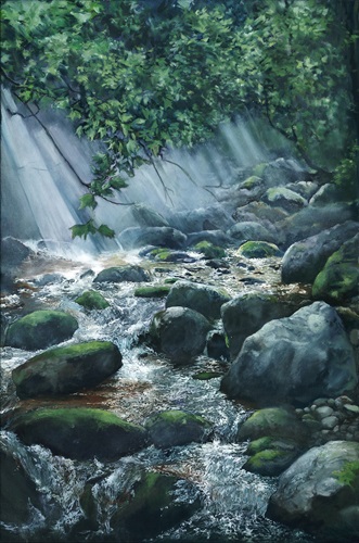 oil painting of a river in springtime