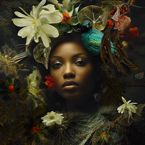 impresión digital de archivo de una mujer y un collage de flores