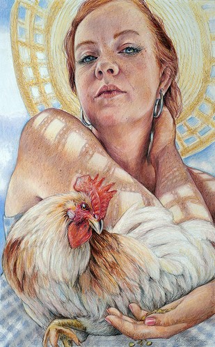 colored pencil portrait of a woman with a rooster