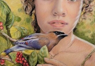 colored pencil portrait of a young woman and bird