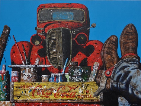 contemporary Western painting of cowboy boots on an old truck