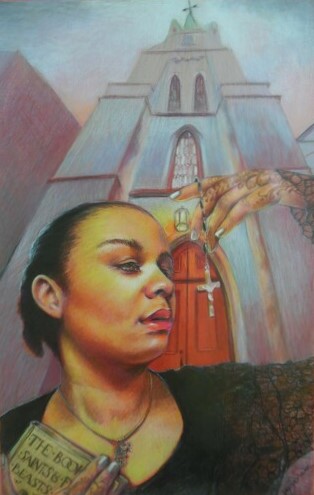 colored pencil drawing of a woman with a cross at a church