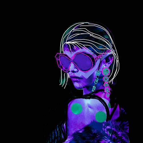 surreal digital portrait of a woman in purple and blue