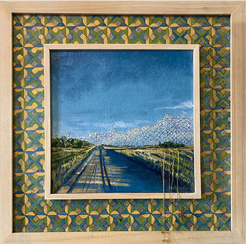 Painting of a landscape with road in decorative frame