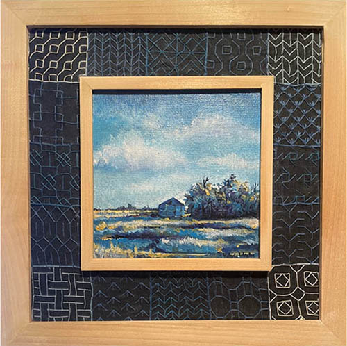small acrylic landscape painting with decorative frame