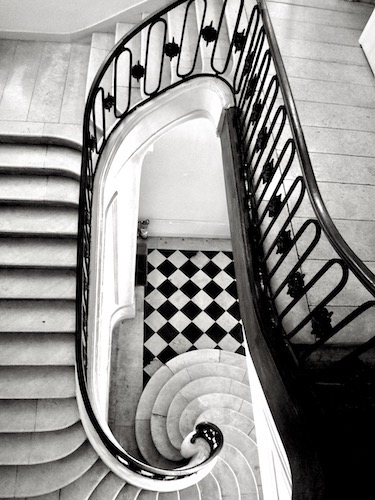 black and white photo of an unusual stairway