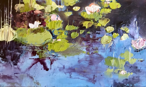 semi abstract painting of a lake with flowers