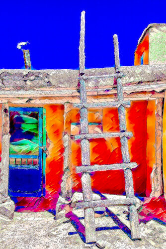 Fotografía digital de una escalera de pueblo en Santa Fe.