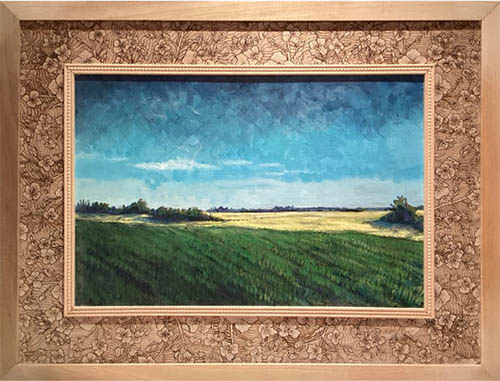 rural landscape painting with decorative frame