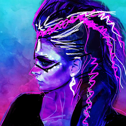 digital painting in purple and blue of a woman