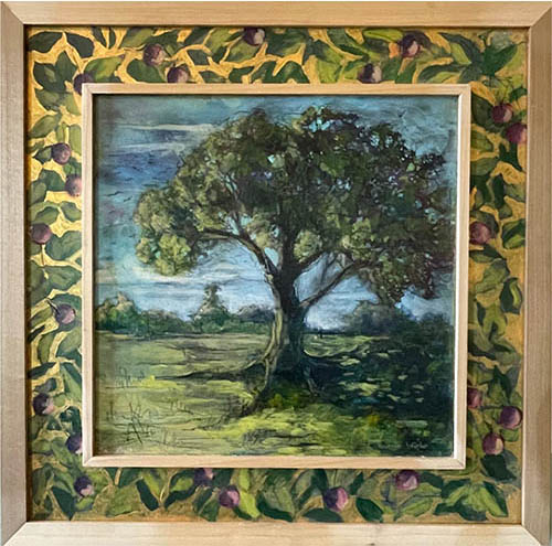 painting of a large tree in a decorative frame