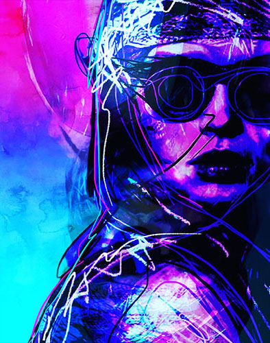contemporary digital portrait of a woman in bold purple and blue