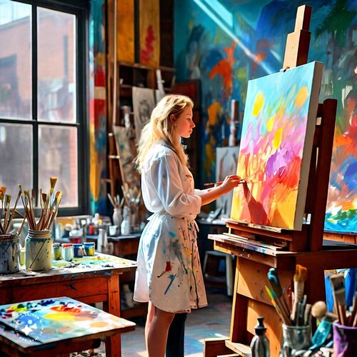 Artist working in her studio
