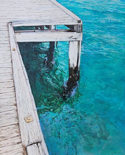 oil painting of a pier and water