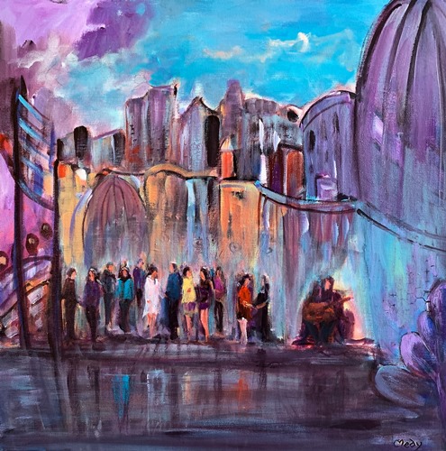 colorful painting of a group in a city setting