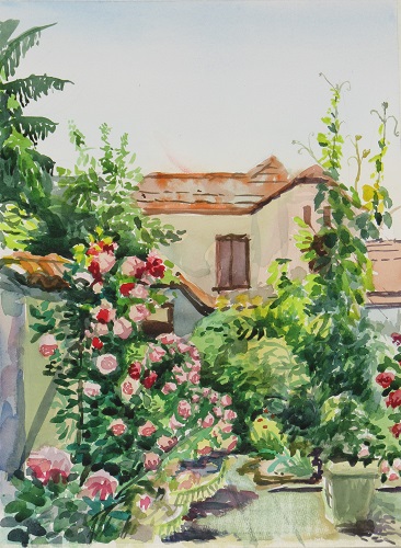 watercolor painting of a Bulgarian courtyard