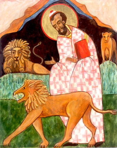 Religious icon painting Daniel in the Lion's Den