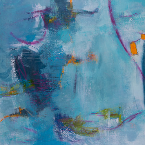 abstract mixed media painting in shades of blue