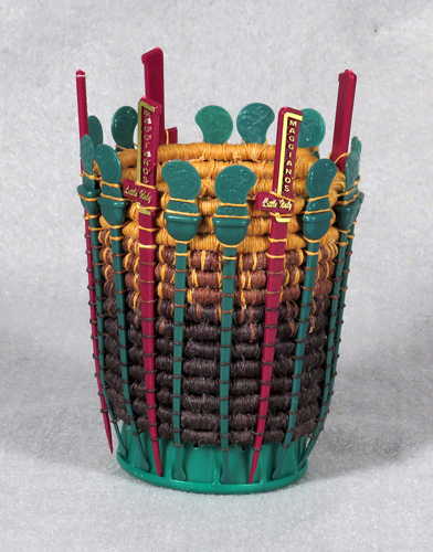 vessel made of recycled plastic using basketry techniques